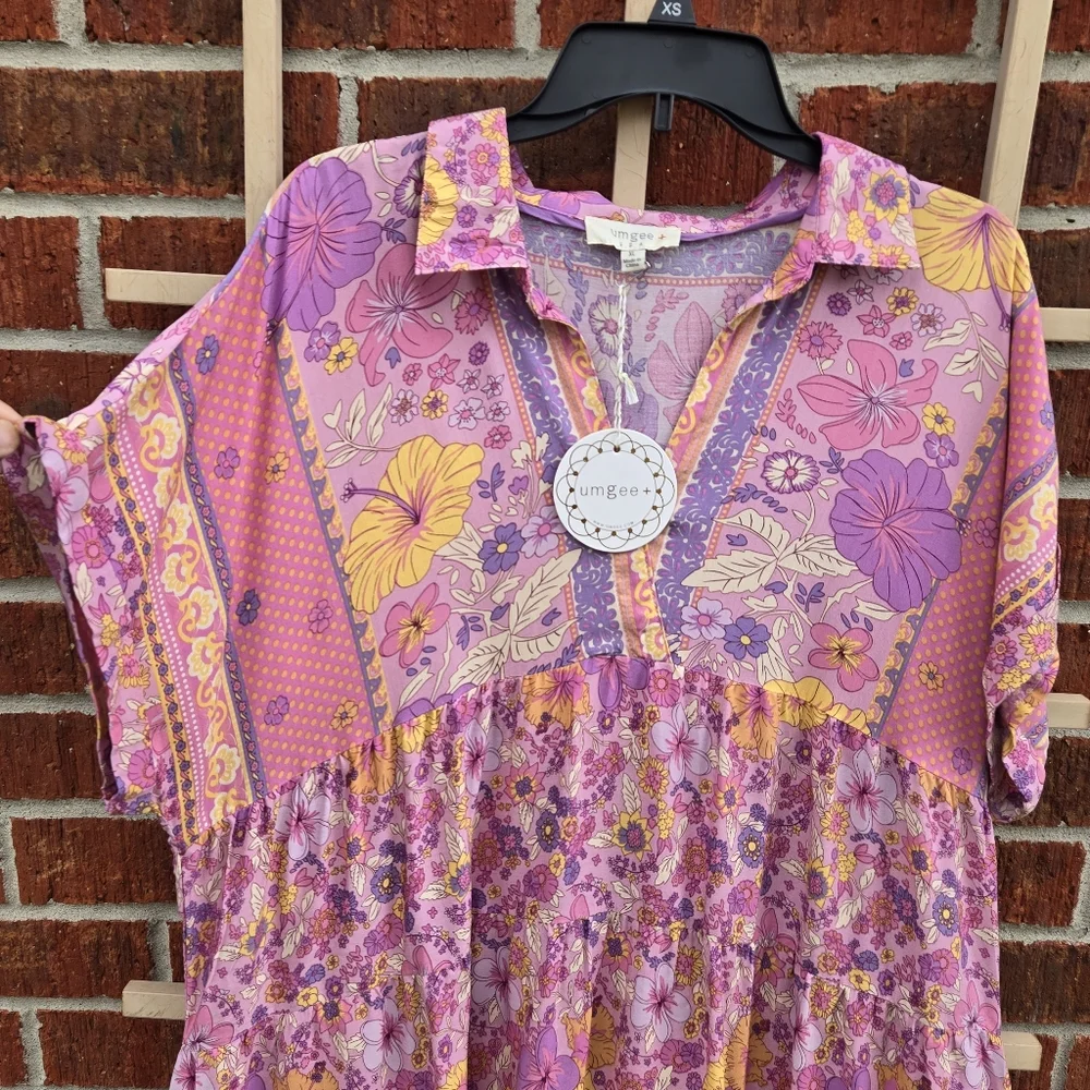 NEW Umgee Floral Print V-Neck Tiered Dress Pink XL - Picture 4 of 10